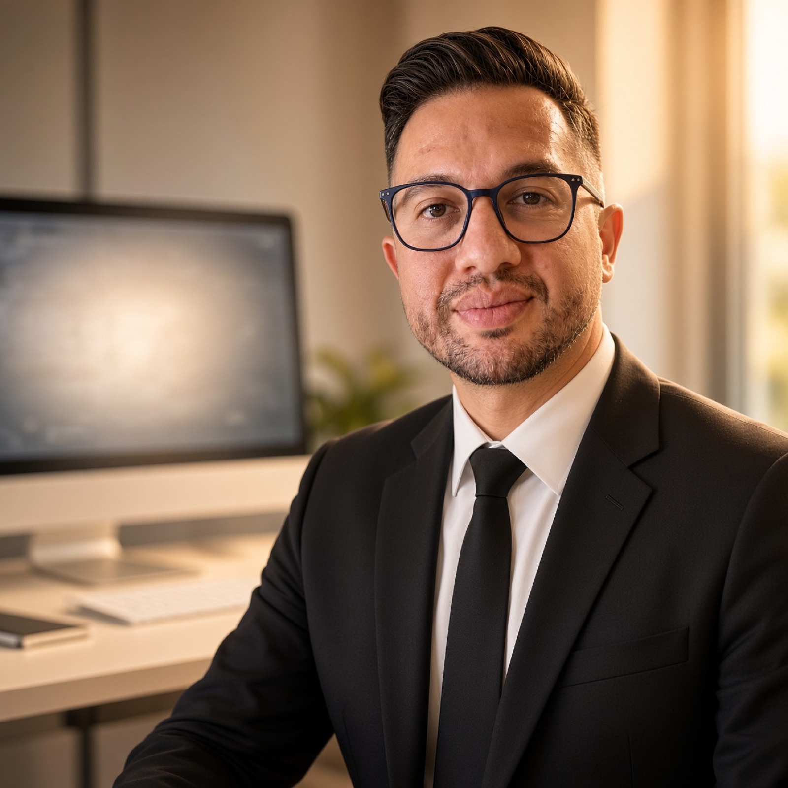 Joshua Gonzales seated at his desk in warm window light, with a monitor behind him